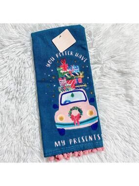 PLACE & TIME • Blue + Pink Pom Pom You Better Have My Presents Towel